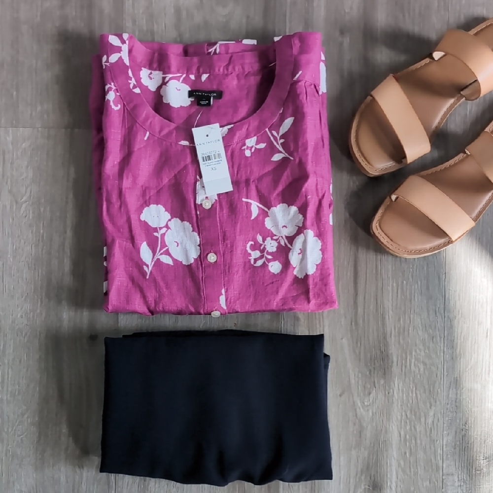 Ann Taylor Pink Floral Blouse and Black Pants Set